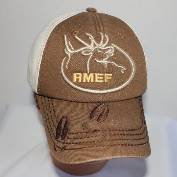 Men's RMEF Volunteer Brown Beige Outdoor Cap One Size Adjustable Strapback - Picture 2 of 10
